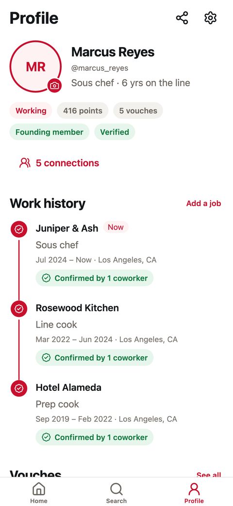 Marcus's profile: a red work-history timeline of three jobs, each marked Confirmed by 1 coworker.